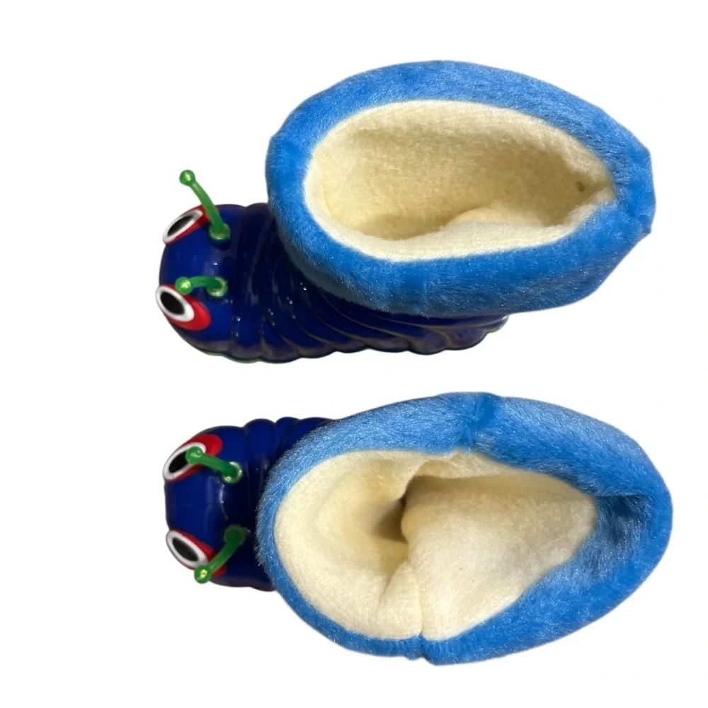 BEASTIE Little Kids Blue/Green Caterpillar Fleece Lined Rain/Snow Boots